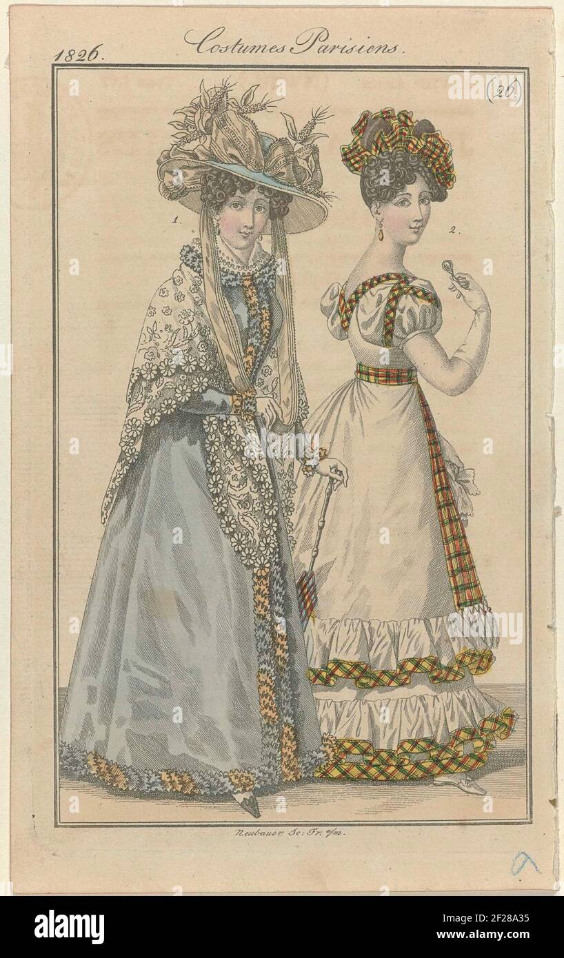 Journal des Dames et des Modes, editie Frankfurt 1826, Costumes Parisiens, (26).Nr. 1: Hut von 'Gros d'Été', verziert mit Tüllbändern und Ecken aus Jardin's Shop. Bearbeitung von 'Gros d'Été' mit Rüschen hinterlegt. Fichu von blond (Dump Edge). Nr. 2: Abendsaft mit kurzen Puffärmeln, verziert mit Scottish Checkered Band. Gürtel aus idem Band, mit Fransen an den Enden. Zubehör: ohrring, lange Handschuhe, Monocle, Taschentuch, flacher Schuh mit Schleife. Druck aus dem Modemagazin Journal des Ladens et des Modes, Frankfurt-am-Main, 1798-1848. Frau Nummer 1 ist eine Kopie zu pl. 2413, 10 Juin 1826, f Stockfoto