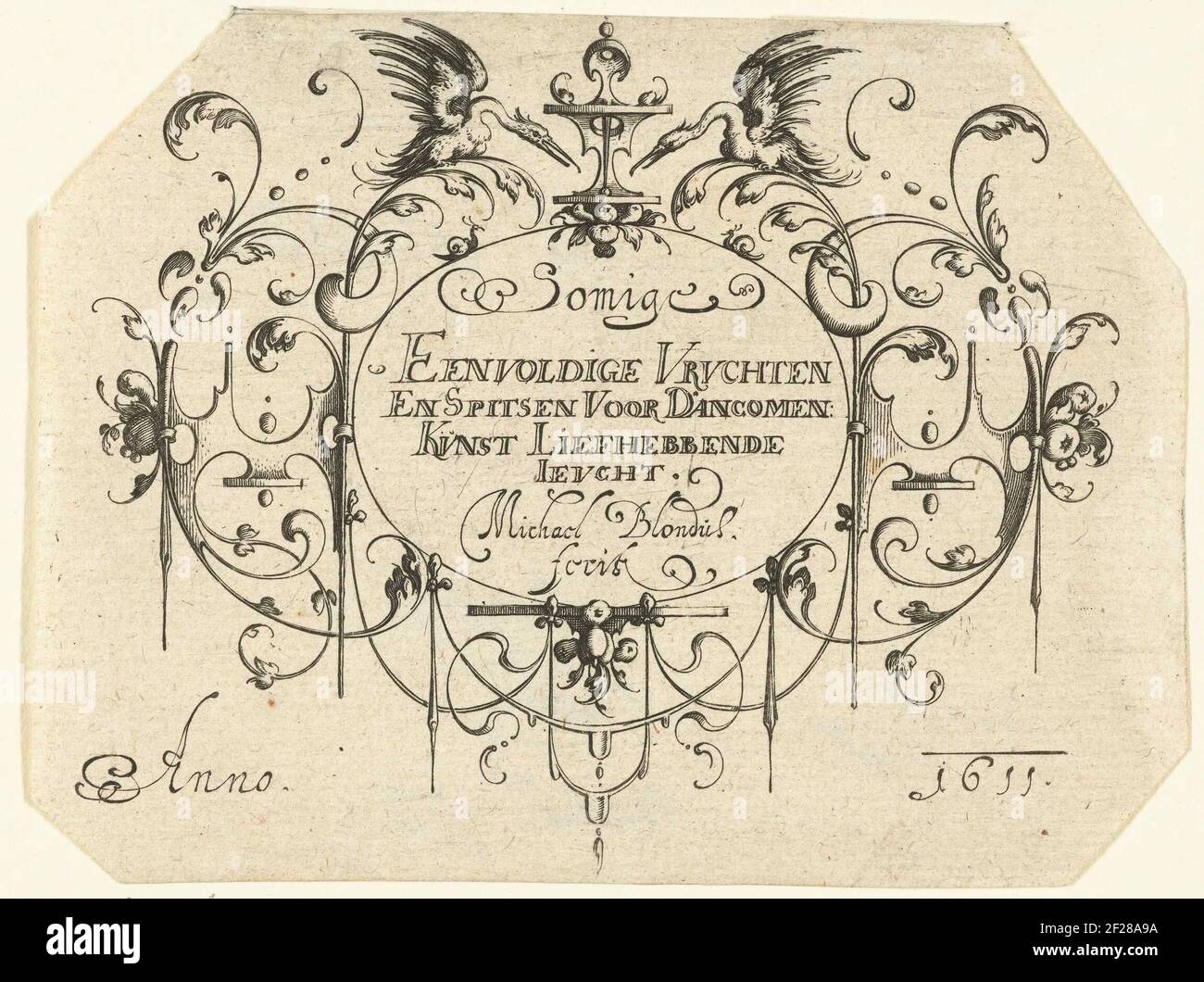Titelblatt aus Serie von 14 Blättern mit Beispielen für gravierte Dekorative Ränder von Kelchen in Form von Dreiecken bestehend aus Tendenzen, Schweifwerk, Girlanden mit Putti, Tieren, Vögeln und Masken. Titelblatt aus Serie von Blättern mit Beispielen für gravierte Dekorative Ränder von Kelchen in Form von Dreiecken aus Tendenzen, Schweifwerk, Girlanden mit Putti, Tieren, Vögeln und Masken. Stockfoto