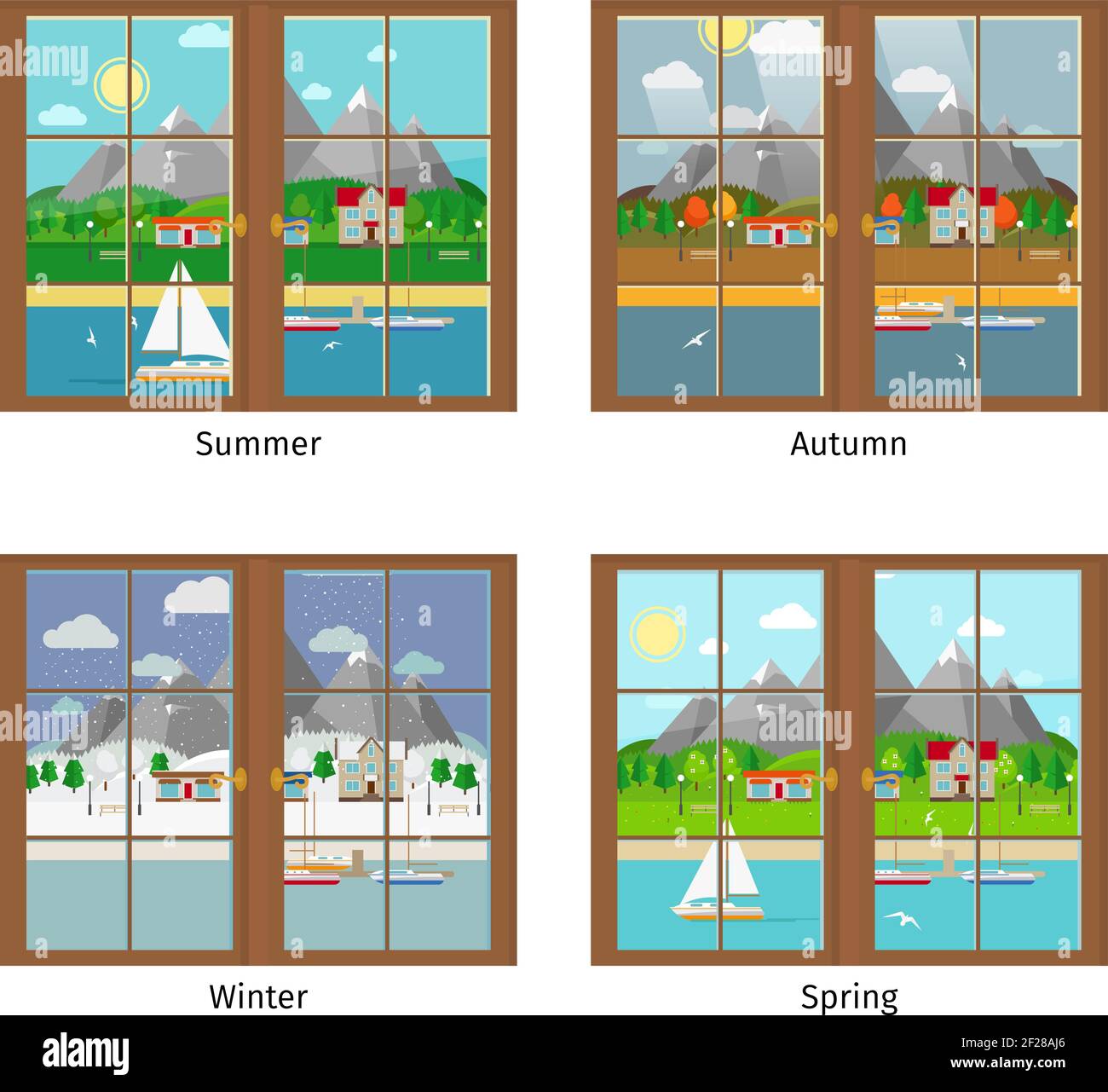 Vektorfenster in verschiedenen Jahreszeiten. Sommer und Herbst, Frühling und Winter, Fensterrahmen, Landschaft Berge Stock Vektor