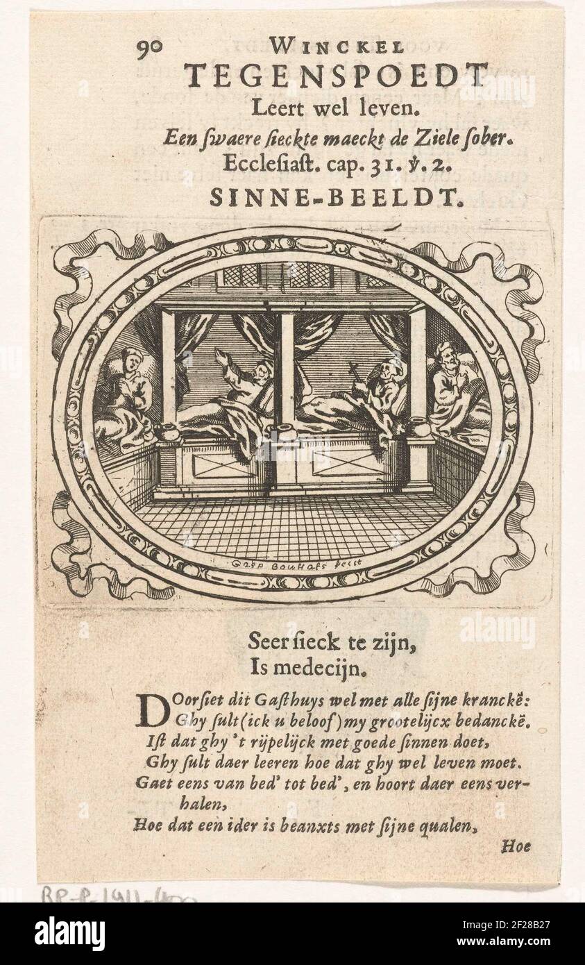 Widrigkeiten lernen, gut zu leben; Geschenke lernen das Leben; Voorwinckel des Patienten in der getrockneten Not. In einer ovalen Kartusche das Innere eines Raumes in einem Krankenhaus. Der Raum enthält vier Alkoven. Ein Mann ist krank in jedem der Alkoven. Einige haben ein Kreuz, während andere ihre Hände zum Himmel richten. Über der Kartusche der Titel (Motto) des Druckes und ein Zitat aus der Bibel (Prediger 31: 2). Unter dem Druck eine Bildunterschrift: 'Seer Sieck to be is Co-dirigiert' und eine Beschreibung, die der Druck erklärt. Wer krank war, hat mehr Respekt vor dem Leben. Verfrühte lehrt uns, das Leben zu lieben Stockfoto