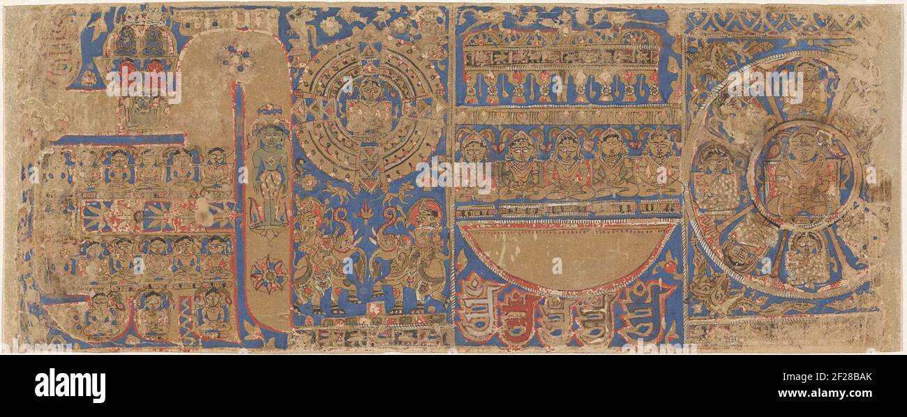 Jain heiligen.auf einem langen, schmalen Streifen werden verschiedene Götter in geometrischen Mustern dargestellt, als Bilder in einem Pauken oder einem Rosenfenster. Die meisten Götter sind nicht gefärbt, mit Ausnahme einiger Details, der Hintergrund ist blau und hier und da werden einige rote Flats als Kontrast verwendet. Stockfoto