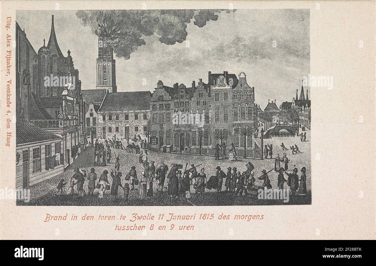 Feuer im Turm der Basilika unserer Lieben Frau-Tenhemelin in Zwolle, 1815; Marke in Den Toren in Zwolle 11. Januar 1815 am Morgen zwischen 8 und 9 Uhr.Reproduktion des Bildes von 1815 mit dem Feuer im Peperbus, dem Turm der Basilika unserer Lieben Frau-Tenhemelin, in Zwolle am 11. Januar 1815. Stockfoto