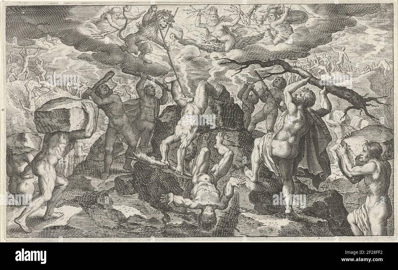 Bacchus hilft den Göttern in ihrem Kampf gegen die Titanen. Buchillustration für: Praise of bacchus, 1616. Stockfoto