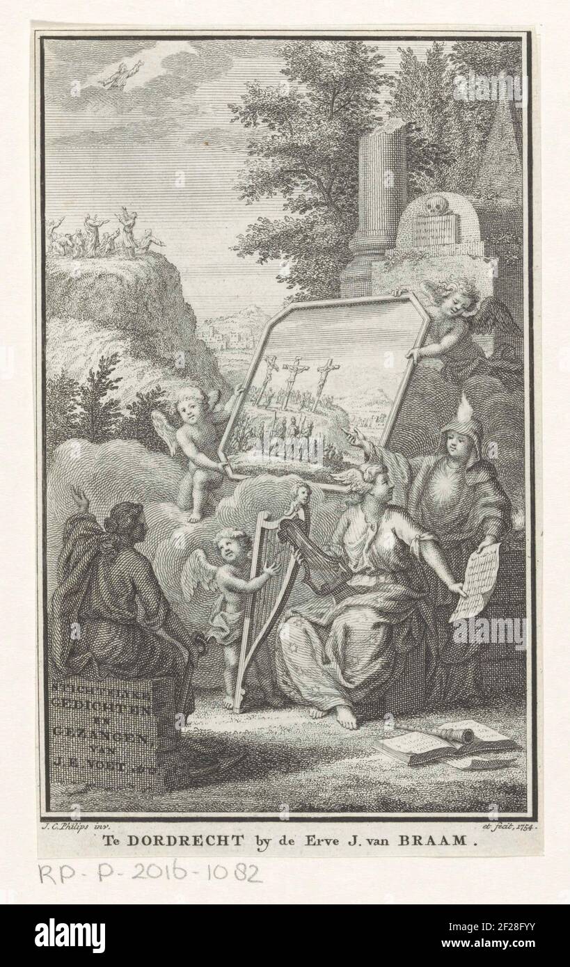 Allegorische Performance mit Hoffnung, Frau mit Winde und Glaube; Titelseite für: Johannes Euseubius Foot, Stichtellyke Poems and Songs, 1754.Hope with Anchor is Sitting on a Stone with Book Title Opposite an Image of Mount Golgota Hero von Putti. Das Bild ist EINE Frau mit Winden und Flügeln auf dem Kopf. Neben re Position ein Putto mit Harfe und Glauben. Im Hintergrund Christus 'Himmelfahrt. Stockfoto