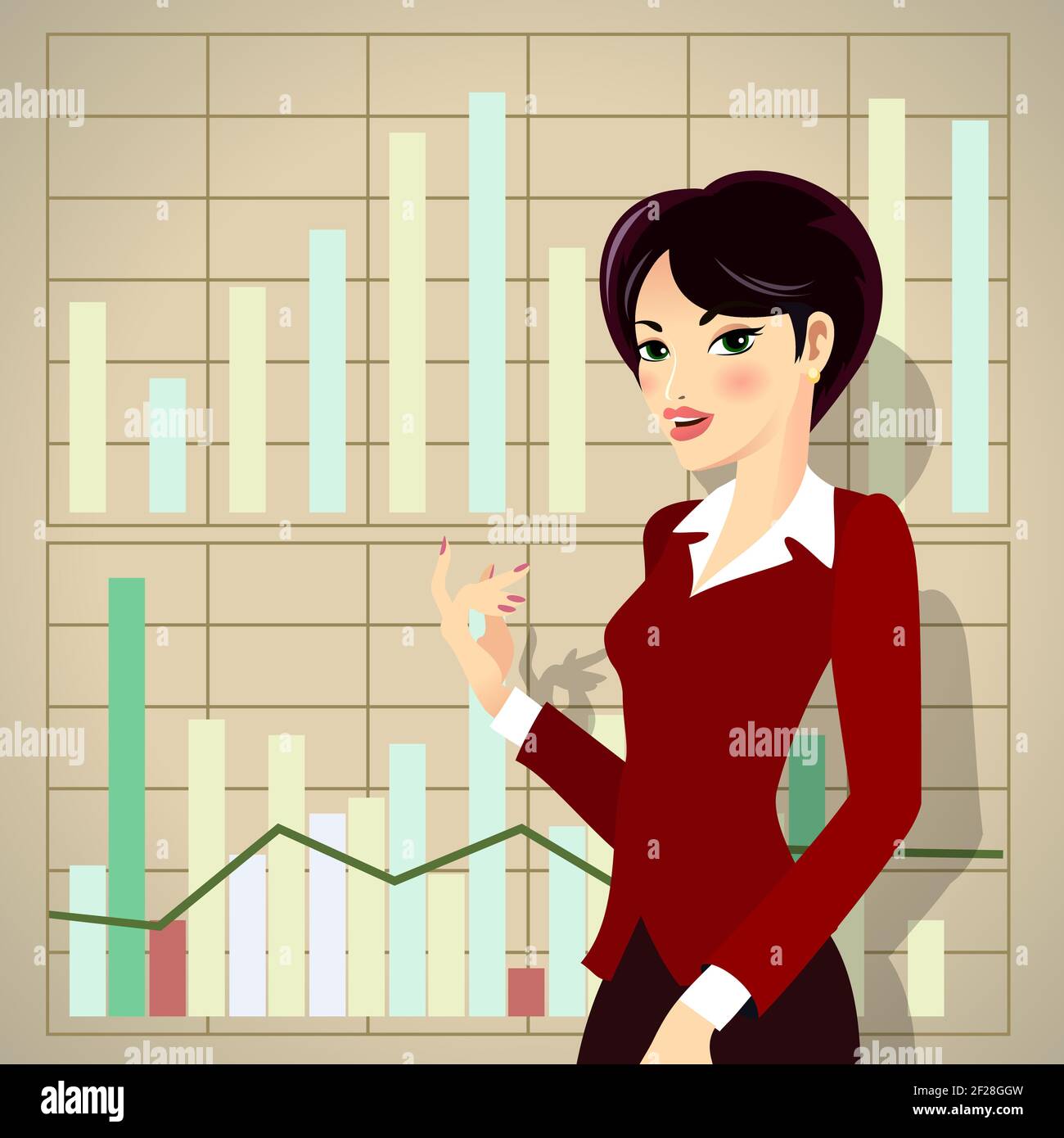 Business Woman in Red Corporate Kleidung Cartoon präsentiert Business Progress Stock Vektor