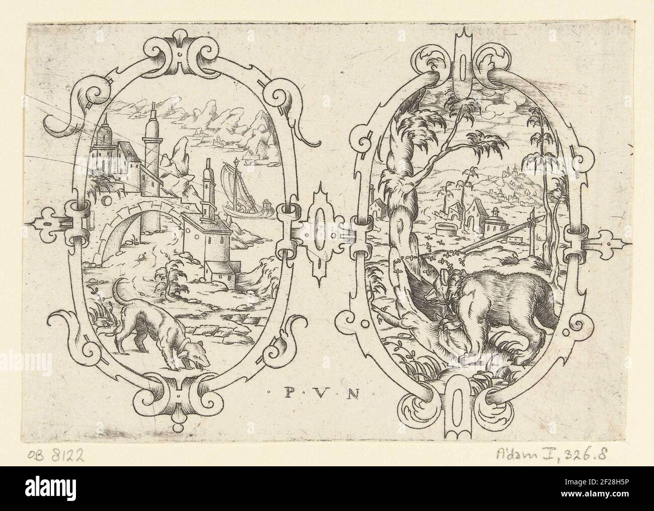 Zwei Ovale, Links mit einem Hund, rechts mit einem Bären; ovale Kartuschen in einem Rahmen von Lockenarbeit mit Tieren in Landschaften.uit Serie von 12 Zeitschriften. Stockfoto