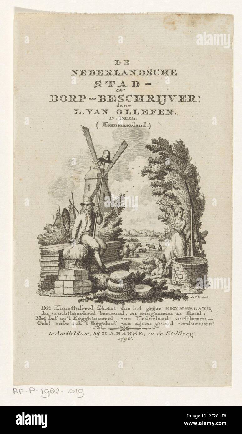 Besitzer nach: L. Ollefen, De Nederlandsche Stad- en Dorp-beschrijver. IV Deel (...), 1796.EIN Mann mit Freiheitshut und Fischernetz sitzt auf Holzbohlen für eine Mühle.Rechts ist eine Frau mit den Steintafeln an einem Brunnen. Für sie liegt eine mit verbundenen Augen verbundene Figur mit Schwert. Ein vierzeiliger niederländischer Text im Unterholz. Stockfoto