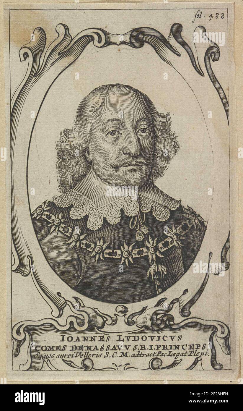 Porträt von Johan Lodewijk, Graf von Nassau-Hadamar.Porträt von Johan Lodewijk in einem Oramischen Oval. In einer Kartusche seinen Namen und Titel. Oben rechts 'fol. 488 '. Stockfoto