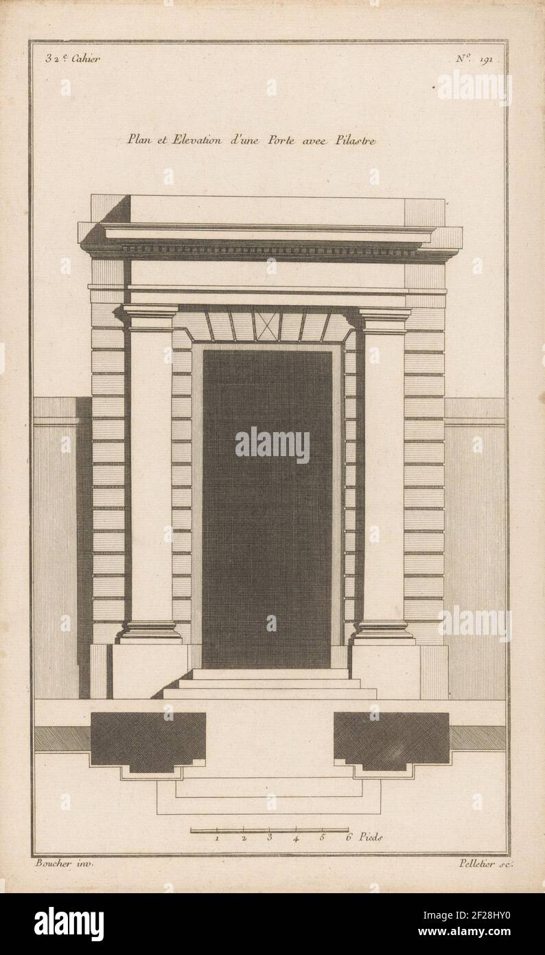 Tor mit Pilastern und Treppe; Plan et elevation d'Une Porte avec Pilastre; Tore; 32nd cahier. Vorder- und Draufsicht des Tores mit den Pilastern und trappartij. Drucknummer 191. Stockfoto