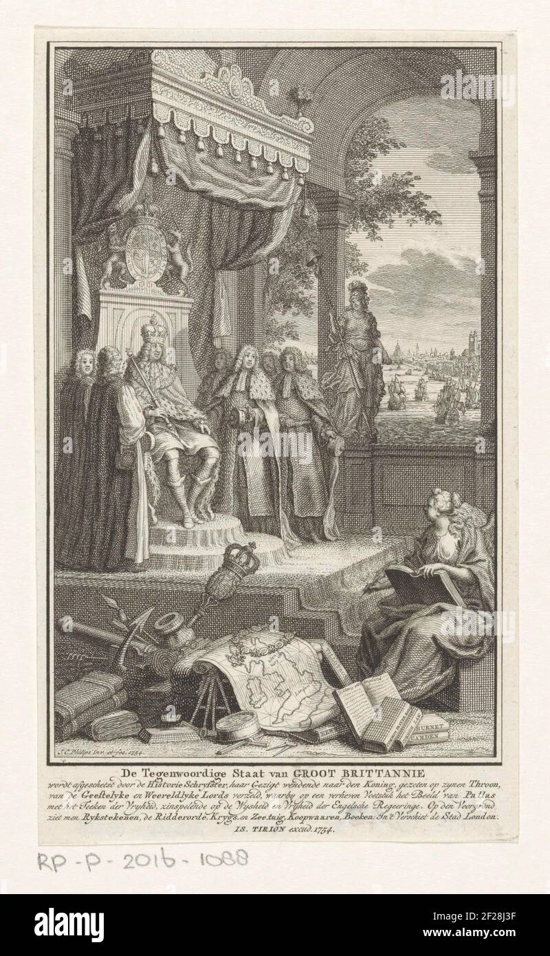 Allegorie op Groot-Brittannië; De Tegenwoordige Staat van Groot Brittannie; Titelpagina voor: Thomas Salmon, Hedendaagsche Geschichte of tegenwoordige Staat van Groot Brittannie, 1754..History schreibt die Geschichte von Großbritannien. Sie schaut auf einen Thronkönig, umgeben von weltlichen und spirituellen Führern. In einem Blick aus einem Bild von Minerva mit Freiheitshut als Personifizierung der Weisheit und Freiheit der englischen Regierung. Im Vordergrund Bücher, eine Karte der britischen Inseln, Instrumente für die Schifffahrt und Waren. Im Hintergrund ein Gesicht auf London. Stockfoto