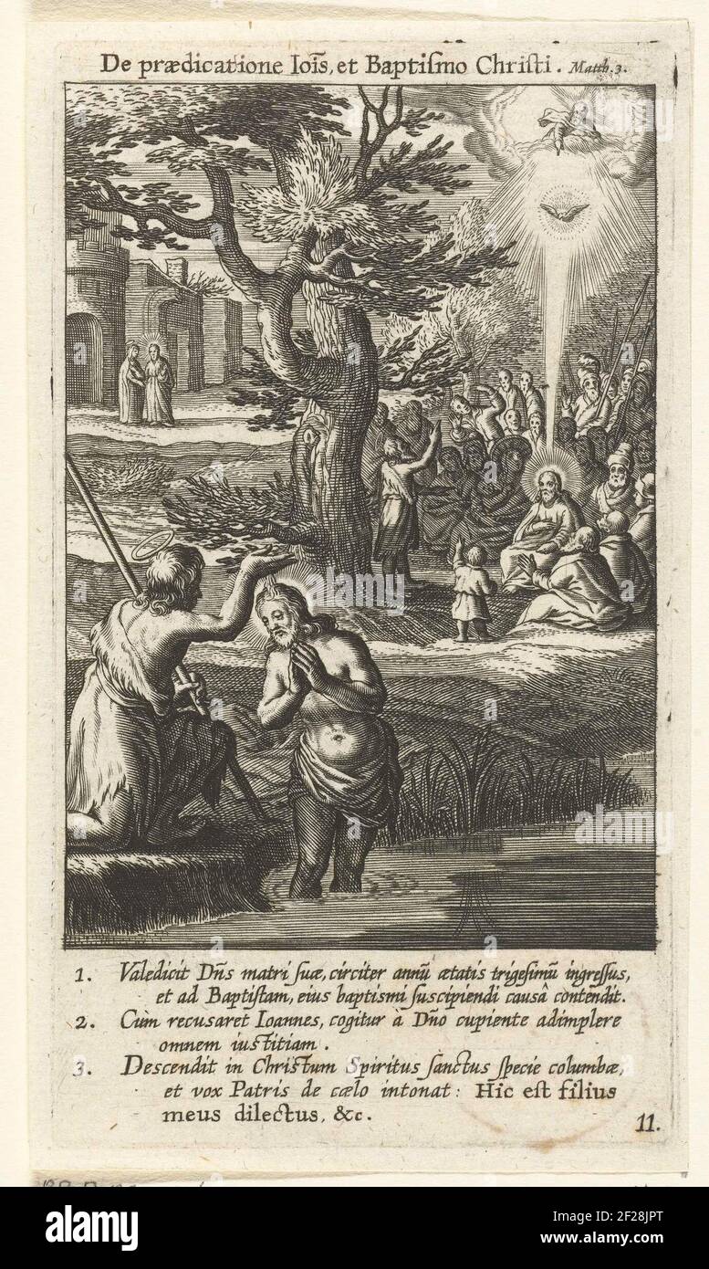 Johannes doopt Christus in de Jordaan; De praedicatione Iois et Baptismo Christi; Vitae passionis et mortis Jesu Christ.Johannes Christus im Jordaan. Eine weitere Szene aus der Bibelgeschichte ist in der Landschaft zu sehen: Johannes predigt vor der Heiligen Dreifaltigkeit für eine Menschenmenge. Stockfoto