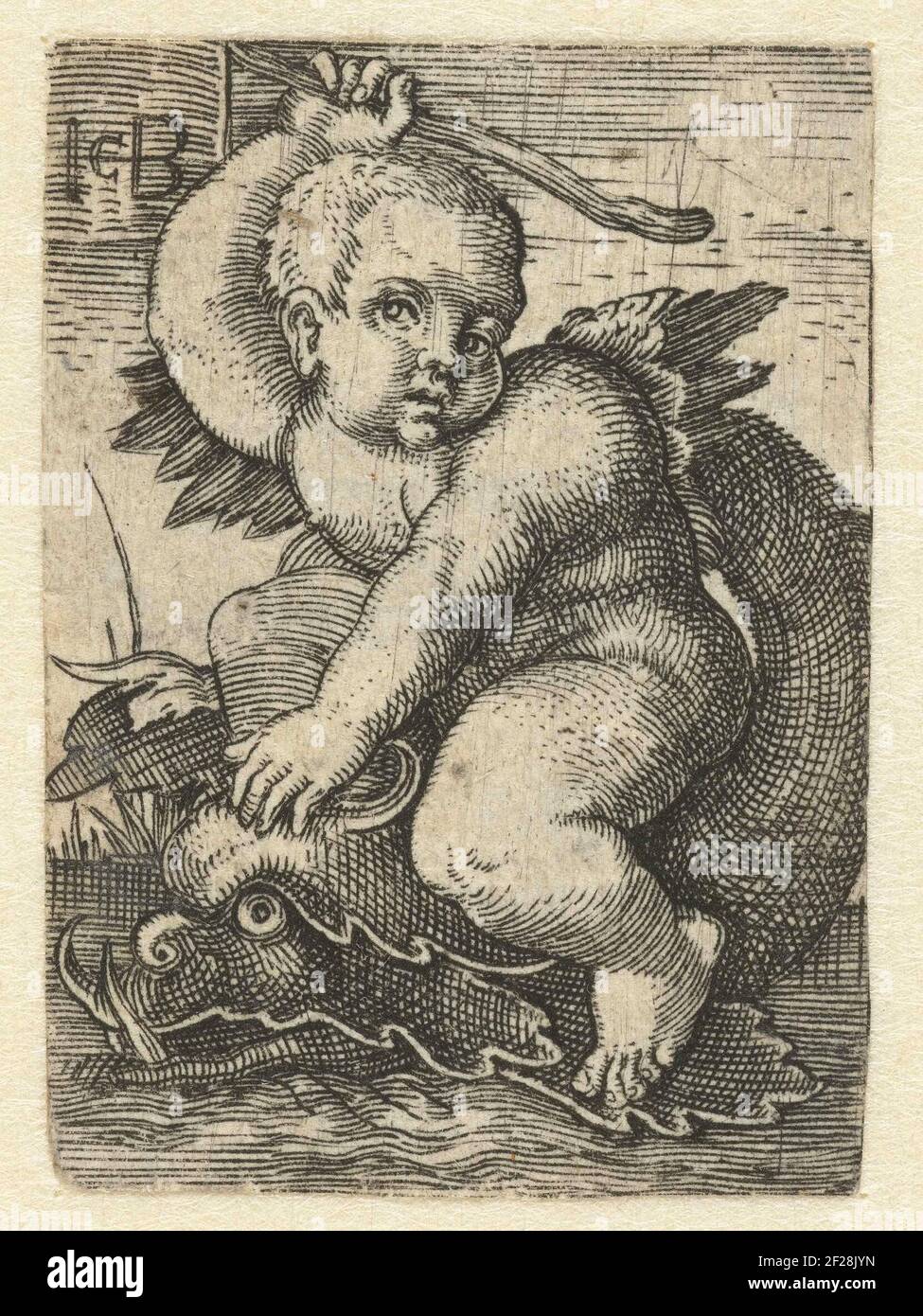 Putto auf Delphin. Kopie zum Druck von Hans Sebald Stockfoto