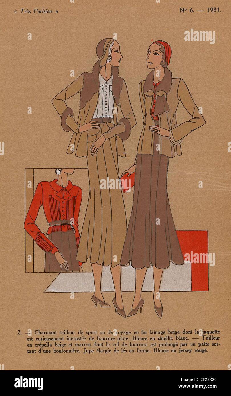 Très Parisien. La Mode, Le Chic, L’Elégance.Très Parisien bewarb sich als chic und elegant. Zwischen 1920 und 1936 präsentierte es Kreationen von Modeschöpfinnen wie Chéruit, Premet, Philip et Gaston und Lanvin. Die jungen, schlanken Modelle sind alle ultramodern, werden am Telefon gesprochen, geraucht und Tennis gespielt. Die Abbildungen zeigen auch, dass im Laufe des Jahres 1920s die Rocklängen bis knapp unter das Knie gestiegen waren, bevor sie im Jahr 1930s wieder auf Wadenlänge zurückfielen. Die kleinen Teller wurden auf transparentem Papier mit einer Schabloniertechnik gedruckt, die als en pochor und dann als Handcolore bekannt ist Stockfoto