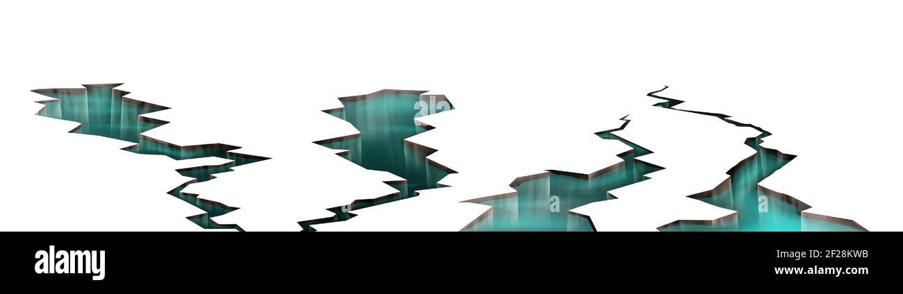 Boden Risse mit Wasser im Inneren, Erdbeben Risse Löcher mit transparenten Flüssigkeit, ruiniert Landoberfläche zerkleinert Textur. Zerstörung, Splittschaden Spalt nach Katastrophe, realistische 3D Vektor-Set Stock Vektor