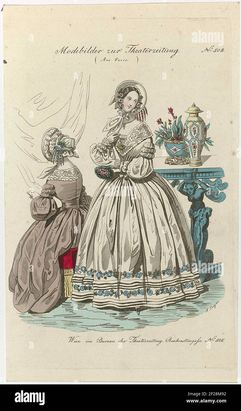 Algemeine Theaterzeitung und Originalblat für Kunst, Musik, Mode und Soziales, ca. 1839, Nr. 509: Modebilder für Theaterzeitung, aus Paris.Mode Uit Parijs. Prent Uit Het Tijdordin Algememe Weizenprüfung und Original Blat für Kunst, Musik, Mode und soziales Leben (1806-1856). Stockfoto