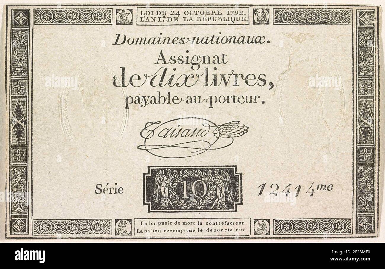 Assignaat van 10 Pfund, 1792; Assignat von zehn Pfund.Assignat von 10 Pfund. In Circulation gebracht von den National Domains, Serie 12414, über das Gesetz vom 24. Oktober 1792. Stockfoto