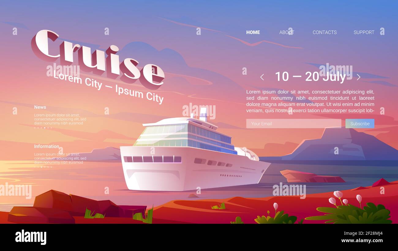 Sea Liner Kreuzfahrt Cartoon Landing Page. Einladung zur Buchung Ticket auf einem modernen Schiff für die Reise in den Ozean, Marine-Reise auf Luxus-Segelboot in tropischen Stock Vektor