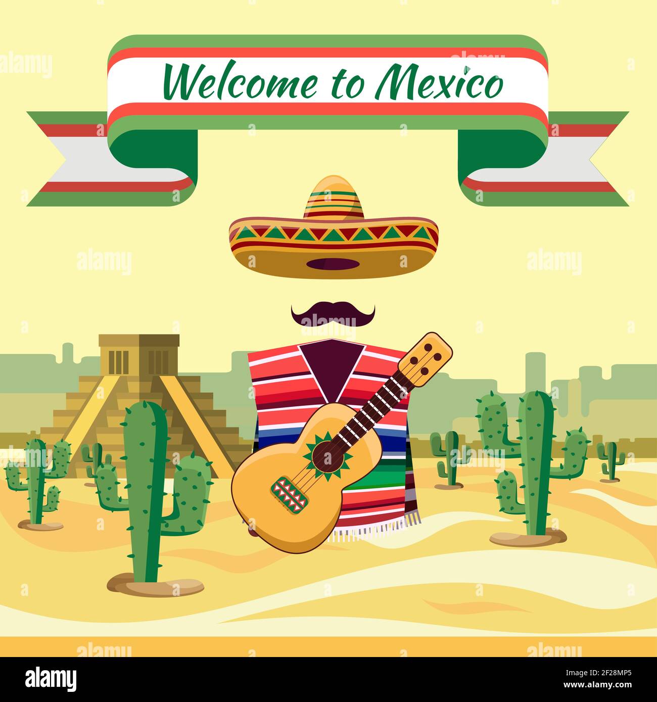 Willkommen in Mexiko, mexikanische traditionelle Elemente vor dem Hintergrund von Kakteen und Sand Stock Vektor