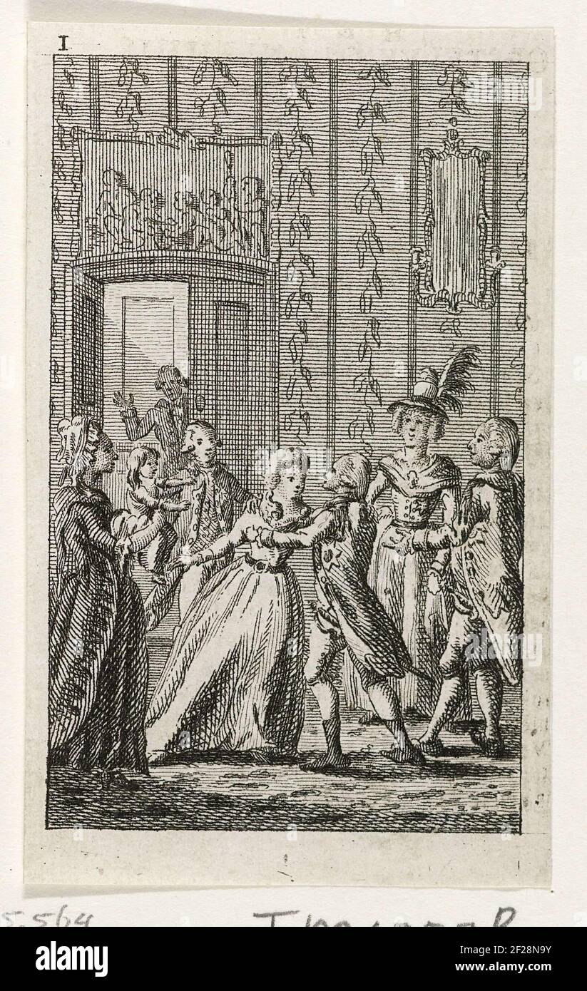 Interieur mit einem Frost, der Auf Wiedersehen zu seiner Familie sagt, Teil einer Gruppe von 6 Bildern aus einem Almanach von ca. 1786. Oben montiert: I. Stockfoto