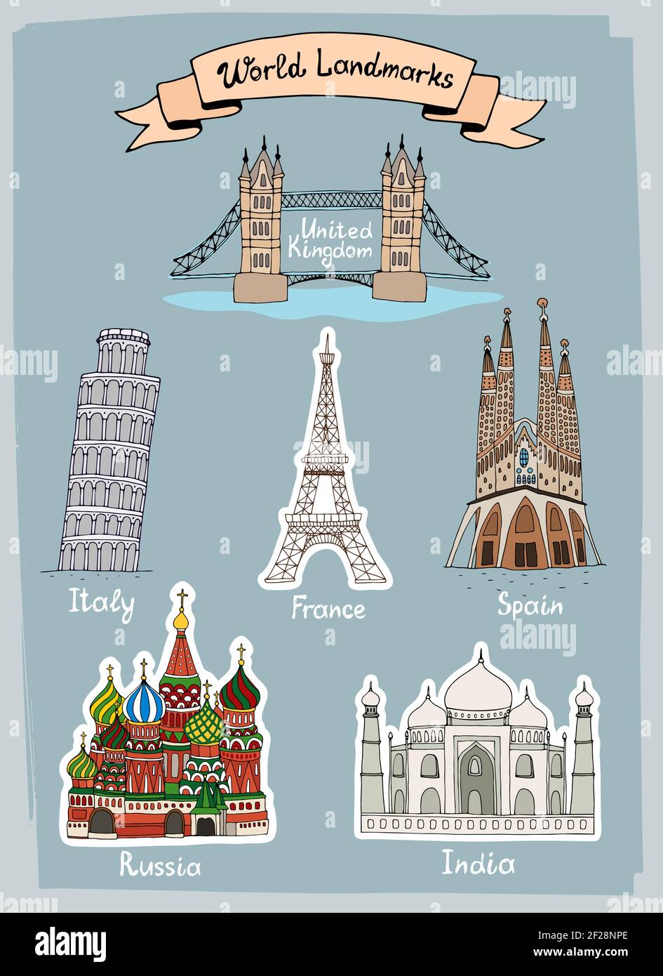 World Landmarks handgezeichnete Ikonen mit Tower Bridge in Großbritannien Schiefer Turm von Pisa in Italien Eiffelturm in Frankreich Sagrada Familia in Spanien Taj Ma Stock Vektor