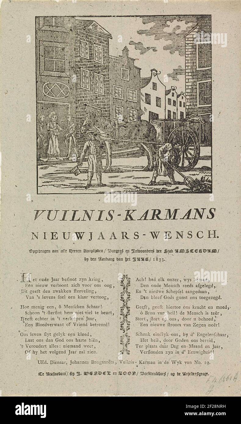 Nieuwjaarswens van de vuilnismannen van Amsterdam voor het jaar 1833; Vuilnis-karmans nieuwjaars-wensch.Neujahrswunsch der Amsterdamer Müllsammler für das Jahr 1833. Blick in eine Straße in Amsterdam, wo ein Mann mit einem Wagen Schmutz von der Straße schafft, ein Mann mit einer Ratsche. Zwei andere Männer bekommen Geld in einem Haus. Mit Gedicht in zwei Spalten. Vom Müllwagen im NO-Bezirk 19: J. Bongaards. Stockfoto