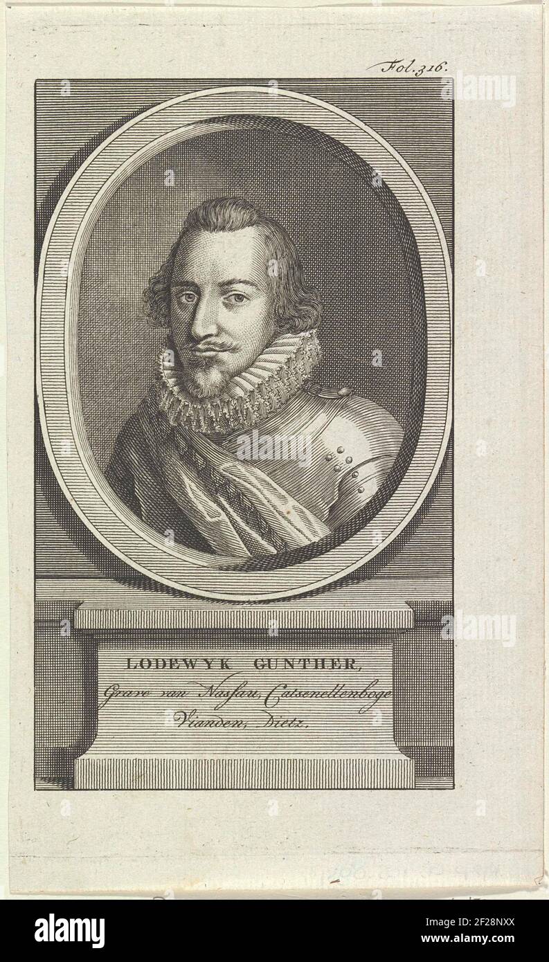 Portret van Lodewijk Gunther, graaf van Nassau.Porträt von Louis Gunther in einem Oval. Auf einem Sockel befinden sich Name und Titel. Oben rechts 'fol. 316. '. Stockfoto