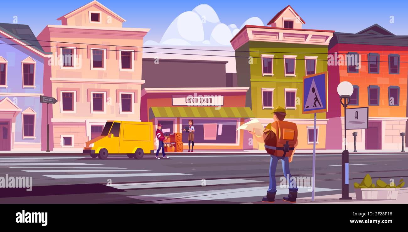 Reisender Mann mit Karte und Rucksack auf Retro-Stadt Straße mit antiken Gebäuden und Portier entladen Auto mit Alkohol Flaschen in Boxen in der Nähe von Ladeneingang mit Verkäuferin, Cartoon-Vektor-Illustration Stock Vektor