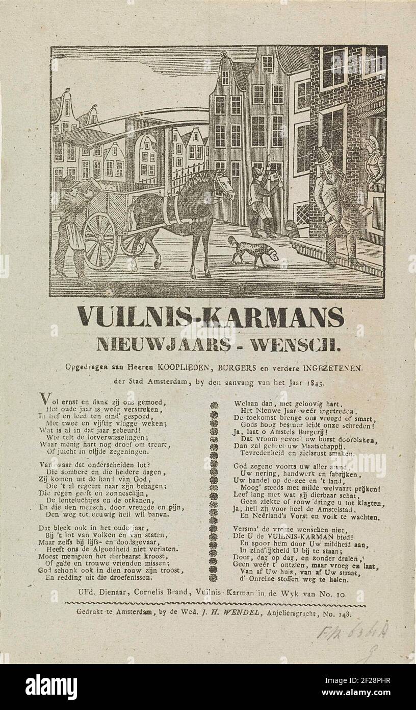 Nieuwjaarswens van de vuilnismannen van Amsterdam voor het jaar 1845; Vuilnis-karmans nieuwjaars-wensch.Neujahrswunsch von den Amsterdamer Müllabfuhr für das Jahr 1845. Blick in eine Straße in Amsterdam, wo ein Mann einen Mülleimer im Wagen auftauchte und ein anderer Mann mit der Ratsche rennt. Ein anderer Mann holt Geld bei einem Haus ab. Mit Gedicht in zwei Spalten. Des Mülltrailers im NOWER. 10: Cornelis Brand. Stockfoto