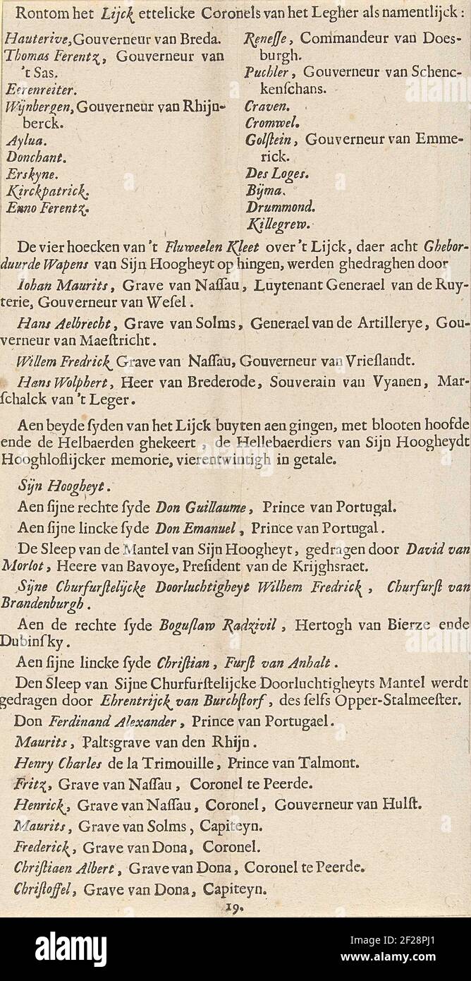 Die Trauerprozession von Frederik Hendrik (Textblatt 19), 1647; die Trauerprozession von Stadholder Frederik Hendrik in 's-Gravenhage 1647; Begreigeisse van Syne Hoogheyt Frederick Henrick, by der Graatien Gods Prince by Orange, Grave of Nassau & C.TEKSTEK NO. 19 bei der Druckreihe der Trauerprozession von Stadholder Frederik Hendrik in 's-Gravenhage am 10. Mai 1647. Teil einer Serie von 30 Platten und 20 Textblättern, die zusammen geklebt werden sollen. Stockfoto