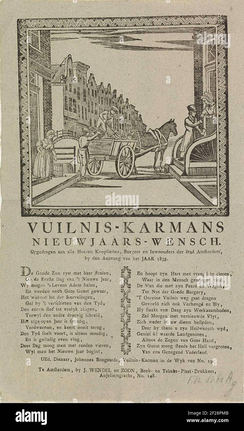 Nieuwjaarswens van de vuilnismannen van Amsterdam voor het jaar 1835; Vuilnis-karmans nieuwjaars-wensch.Neujahrswunsch von den Amsterdamer Müllabfuhr für das Jahr 1834. Blick in eine Straße in Amsterdam, wo zwei Männer den Schmutz in einen Wagen laden. Ein anderer Mann holt Geld bei einem Haus ab. Mit Gedicht in zwei Spalten. Von der Müllrüstung im NO-Bezirk Nr. 19: Johannes Bongaards. Stockfoto
