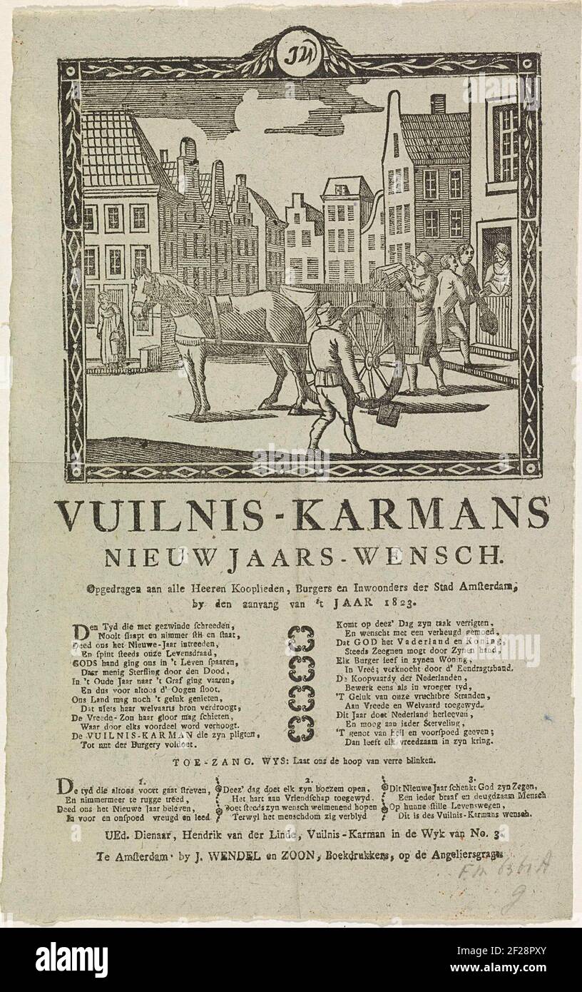 Nieuwjaarswens van de vuilnismannen van Amsterdam voor het jaar 1823; Vuilnis-karmans nieuwjaars-wensch.Neujahrswunsch der Amsterdamer Müllsammler für das Jahr 1823. Blick in eine Straße in Amsterdam, wo zwei Männer mit einem Wagen den Dreck aufheben. Zwei andere Männer bekommen Geld in einem Haus. Mit Gedicht in zwei Spalten und einem Lied in drei Versen. Der Müllpanzerung in der NR. 3: Hendrik van der Linde. Stockfoto
