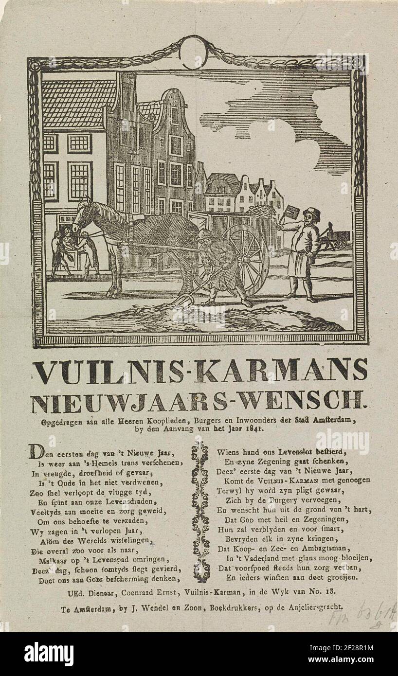 Nieuwjaarswens van de vuilnismannen van Amsterdam voor het jaar 1841; Vuilnis-karmans nieuwjaars-wensch.Neujahrswunsch der Amsterdamer Müllsammler für das Jahr 1841. Blick in eine Straße in Amsterdam, wo ein Mann den Dreck von der Straße schafft und ein anderer Mann mit der Ratsche rennt. Zwei andere Männer bekommen Geld in einem Haus. Mit Gedicht in zwei Spalten. Der Müllrüstung in der NR. 18: Coenraad Ernst. Stockfoto