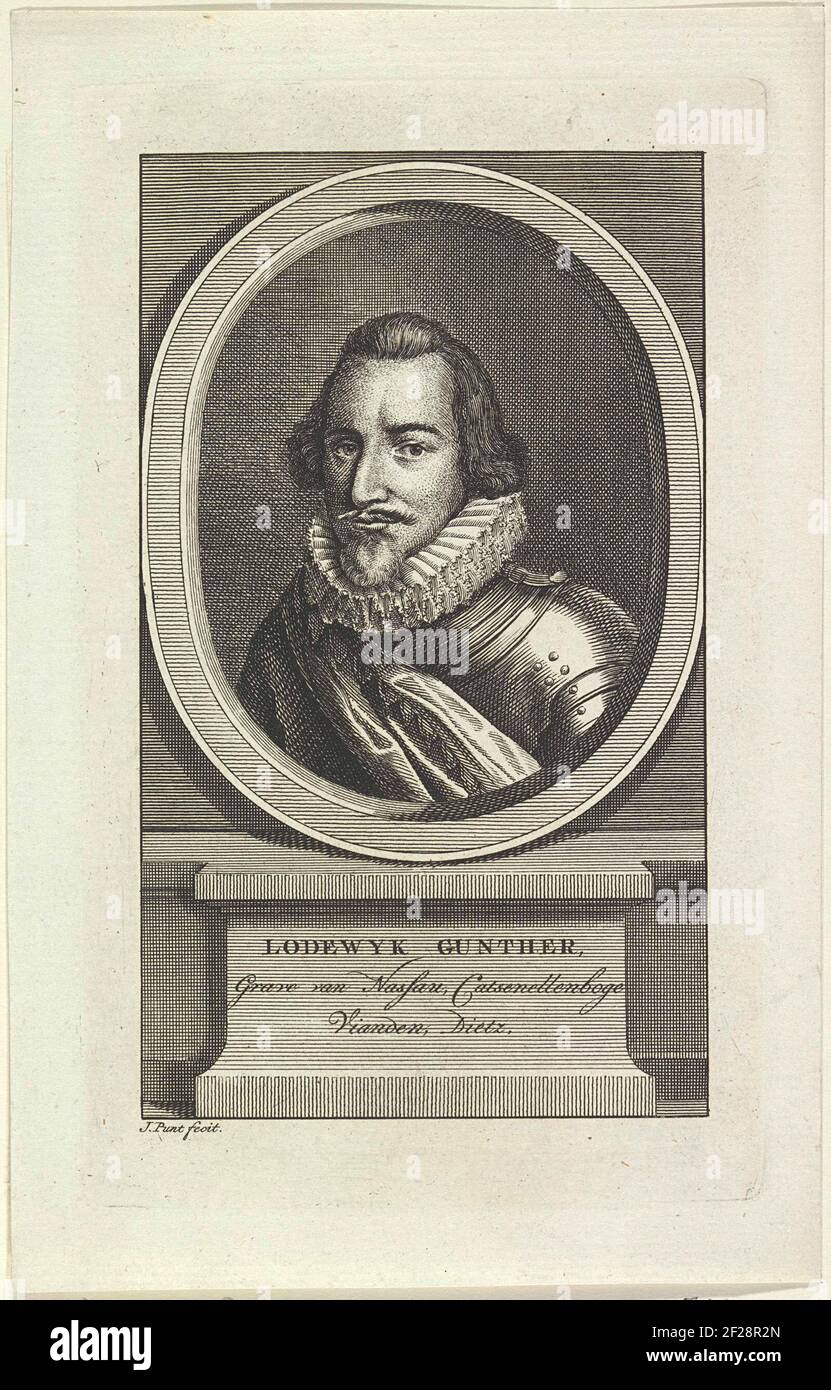 Portret van Lodewijk Gunther, graaf van Nassau.Porträt von Louis Gunther in einem Oval. Auf einem Sockel befinden sich Name und Titel. Stockfoto