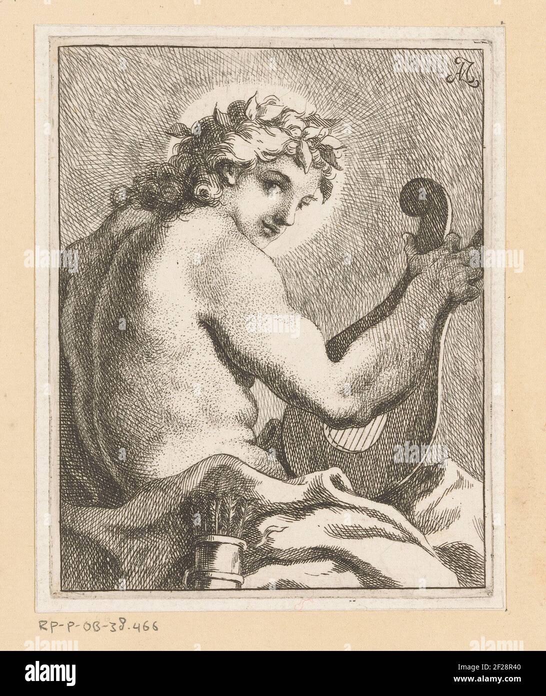 Apollo mit einer Winde.apollo sitzt mit einer Winde auf seinem Schoß und einem Pfeilhülse neben ihm. Stockfoto