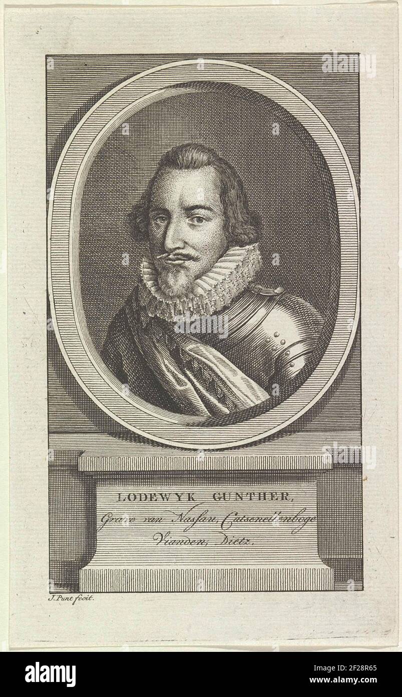 Portret van Lodewijk Gunther, graaf van Nassau.Porträt von Louis Gunther in einem Oval. Auf einem Sockel befinden sich Name und Titel. Stockfoto