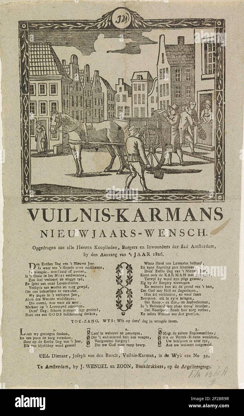 Nieuwjaarswens van de vuilnismannen van Amsterdam voor het jaar 1826; Vuilnis-karmans nieuwjaars-wensch.Neujahrswunsch der Amsterdamer Müllsammler für das Jahr 1826. Blick in eine Straße in Amsterdam, wo zwei Männer mit einem Wagen den Dreck aufheben. Zwei andere Männer bekommen Geld in einem Haus. Mit Gedicht in zwei Spalten und einem Lied in drei Versen. Von der Müllrüstung im NOWAY 32: Joseph van den Bosch. Stockfoto