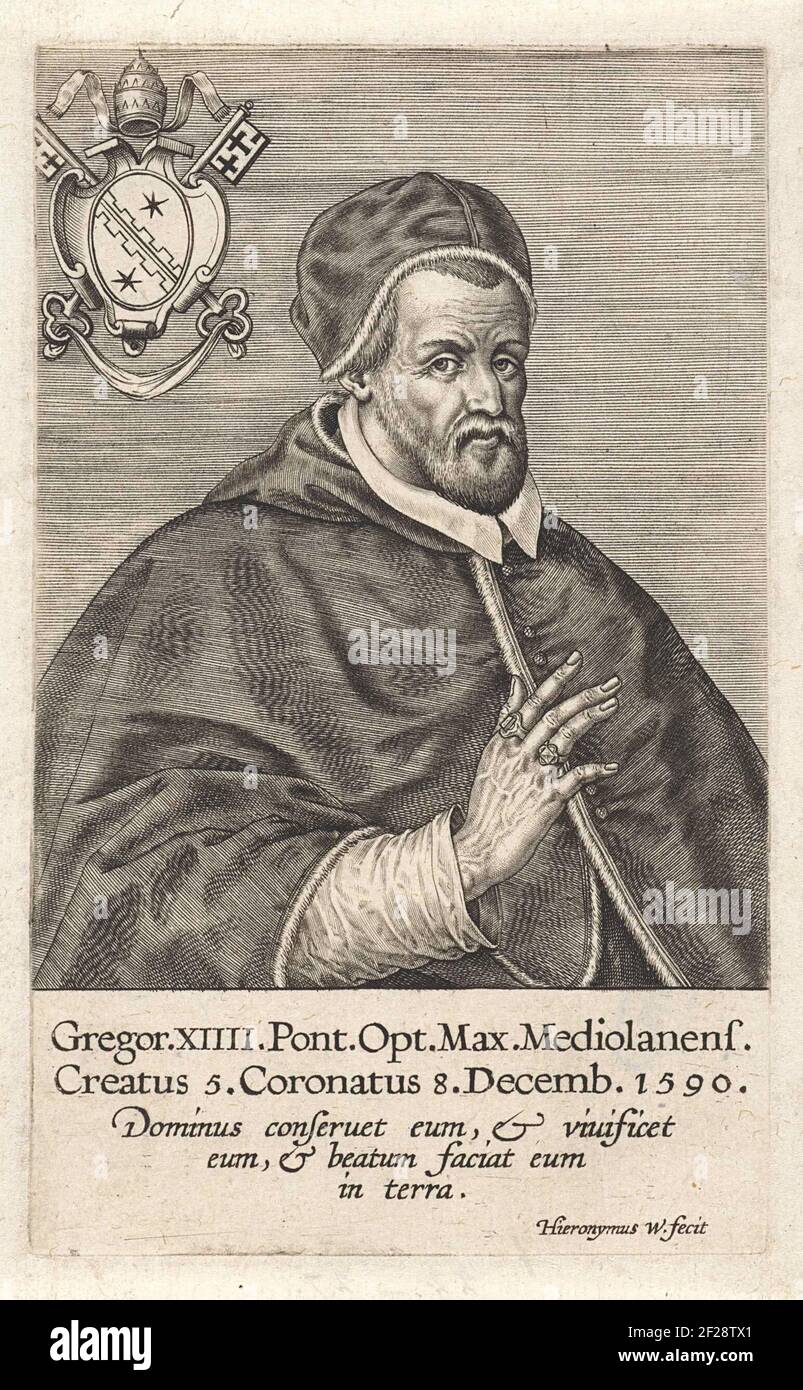 Portret van paus Gregorius XIV.Er macht eine Segensgeste. Oben links sind das Wappen zu sehen. Am Rand eine zweifache und eine dreibeinige Bildunterschrift in Latein. Stockfoto