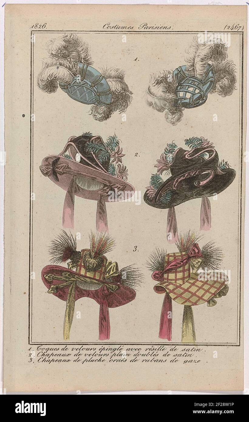 Journal des Dames et des Modes, Costumes Parisiens, 31 décembre 1826, (2467): 1, Toques de velours (...).drei Kopfbedeckungen, deren Vorder- und Rückseite dargestellt sind, nummeriert zu drei in einem Rahmen. 1, Toques von 'Velor épinglé' mit Hernet aus Satin. 2, Hüte aus massivem Samt mit Satin gefüttert. 3, Plüschhüte mit Tüllbändern verziert. Der Druck ist Teil des Modemagazins Journal des Ladens et DES Moldes, herausgegeben von Pierre de la Mésangère, Paris, 1797-1839. Stockfoto