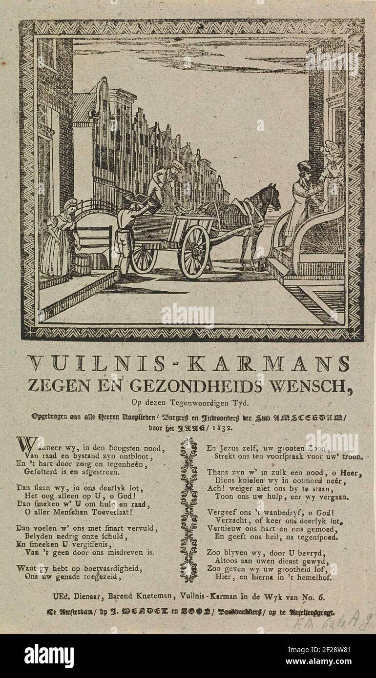 Neujahrswunsch der Müllsammler von Amsterdam für das Jahr 1832; Müllkarmanen Segen und Gesundheit Wensch, heute. Ein anderer Mann holt Geld bei einem Haus ab. Mit Gedicht in zwei Spalten. Des Mülltrailers im NOWER. 6: Barend Kneteman. Stockfoto