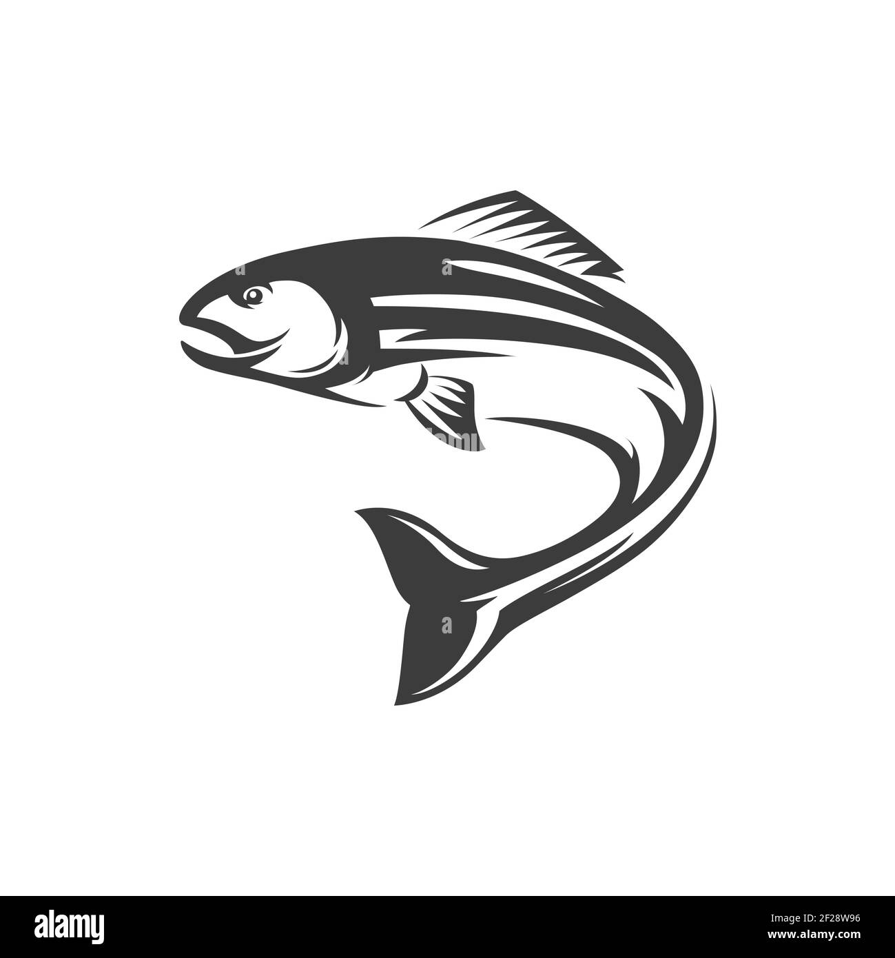 Atlantischer Lachs Rochenflossfisch isoliert monochrome Ikone. Vector Lachs Süßwasserfische, Meeresfrüchte, Meeresprodukte, Fischerei Sport Maskottchen. Äsche Weißfische Stock Vektor