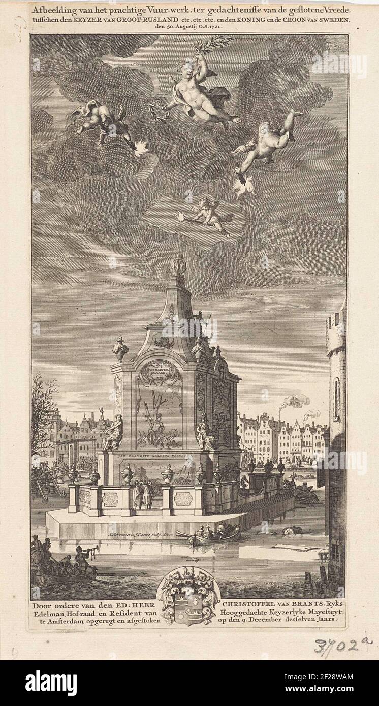 Tempel der Vrede voor het vuurwerk van 30 augustus 1721.Vorbereitungen rund um den Friedenstempel, das Zentrum des Feuerwerks am 9. Dezember 1721 auf der Inner-Amstel im Kloveniersburgwal in Erinnerung an den Frieden von Nystad zwischen Russland und Schweden am 10. September 1721 abgeschlossen. Vier Engel in der Luft, rechts ein Stück des Turms Swygh Utrecht. Das Feuerwerk wurde im Auftrag von Christoffel van Borts, Vertreter der russischen Kroon in Amsterdam, geliefert. Stockfoto