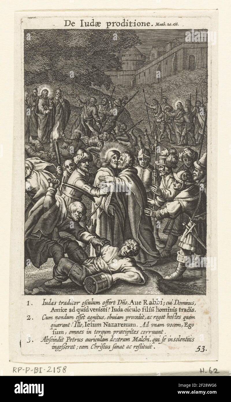 Judas verrät Christus mit einem Kuss und Soldaten nehmen ihn gefangen; die Iudae Proditione; Vitae passionis et Mortis Jesu Christ .. Stockfoto