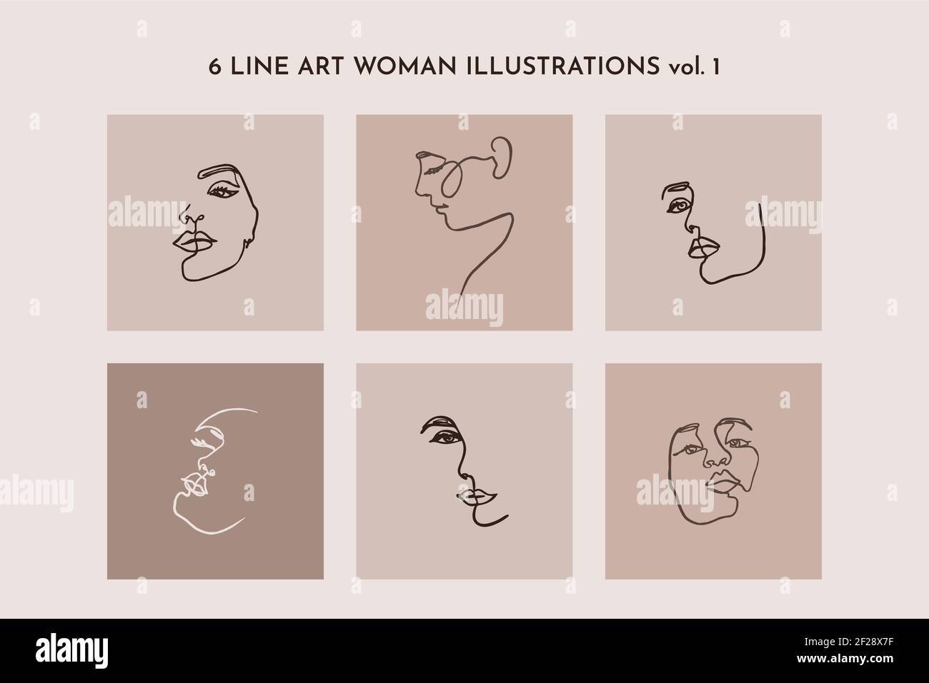 Eine Linie Zeichnung des Gesichts der Set-Frau. Kontinuierliche Linie Porträt eines Mädchens in einem modernen minimalistischen Stil. Vektor Stock Vektor