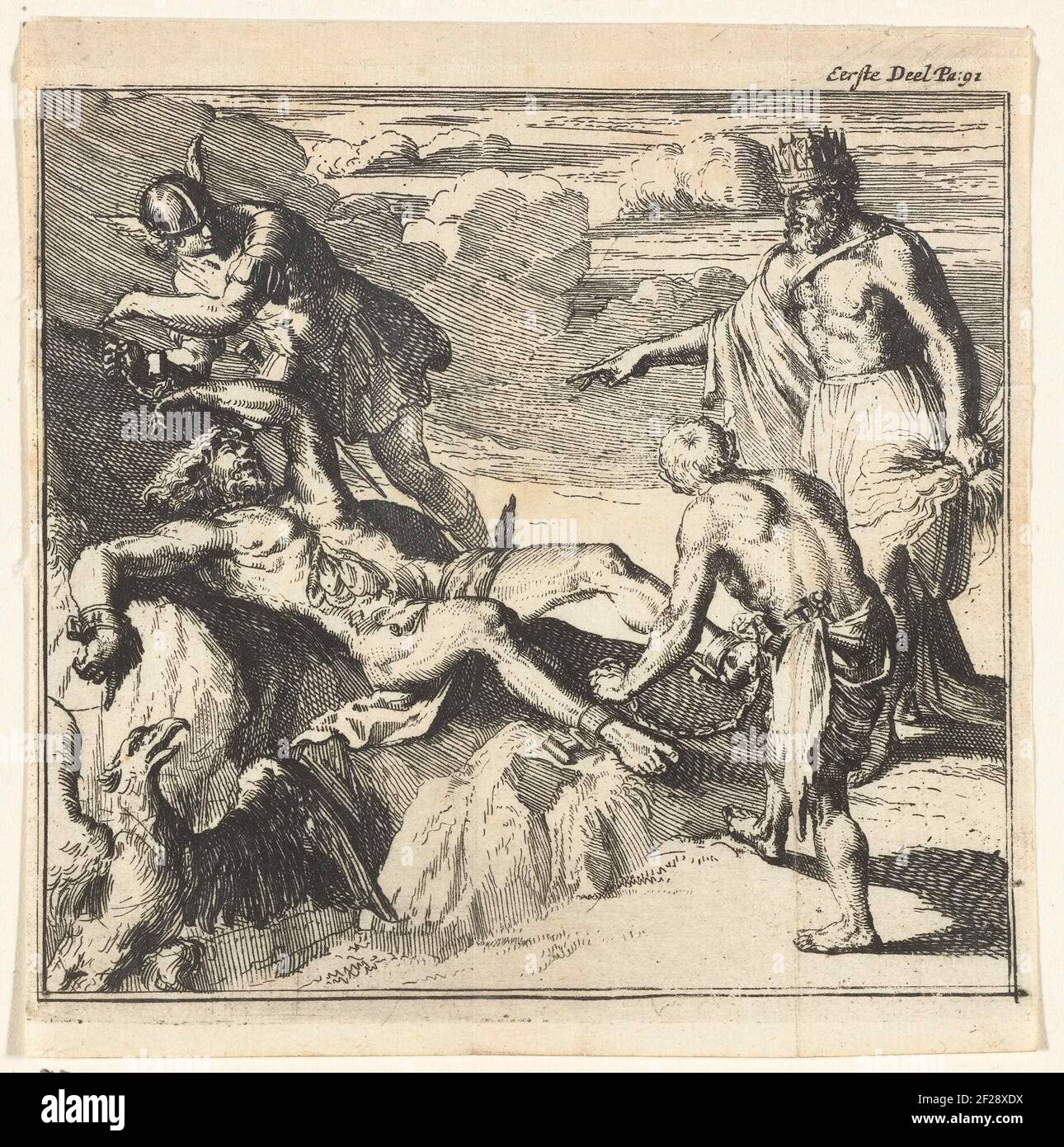 Illustratie voor 'Alle de Werken' van Lucianus.Prometheus wird von Merkur und Vulcan an Jupiter von Merkur und Vulcanus angekettet, wo ein Adler jeden Tag seine Leber verlässt. Stockfoto
