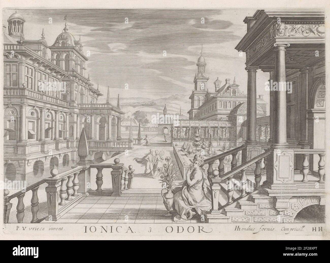 Portal eines Gebäudes mit ionischen Säulen und Sinn; Ionica Geruch; die fünf Sinne; Architectura.Portal eines Gebäudes mit ionischen Säulen in einer städtischen Umgebung. Im Vordergrund EINE Frau, die auf EINER Blume auf der Treppe riecht. Sie repräsentiert den Sinnesgeruch. Unten rechts: HH. Print ist Teil eines Albums. Stockfoto