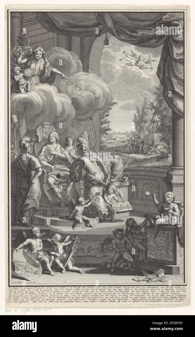 Allegorie op de verheffing van Willem IV, prins van Oranje-Nassau, tot erfstadhouder; Titelpagina voor: Pieter Le Clercq, Geschiedenissen der Vereenigde Nederlanden, 1753.Allegorie auf der Erhebung von Willem IV zu Erfstadholder, 1747. Er ist auf einem Thron und empfängt die niederländische Jungfrau die staatliche Verwaltung. In den Wolken Frieden und bläst Fama auf einem Bazard mit dem Bankett aus Belgien Belgii. Im Vordergrund Putti, die sich auf den Windhandel 1620 beziehen. Im Hintergrund trauern Minerva und Merkur am Grab des 1751 verstorbenen Prinzen. Im Undermaster ein achtzig niederländischen Text. Stockfoto