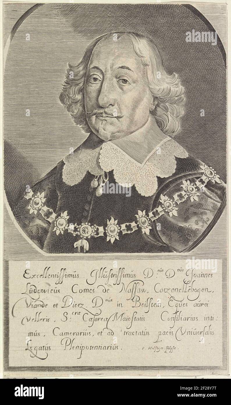 Porträt von Johan Lodewijk, Graf von Nassau-Hadamar.Porträt von Johan Lodewijk in einem gebrochenen Oval. Sechs Zeilen oder lateinischer Text in einem Rahmen. Stockfoto