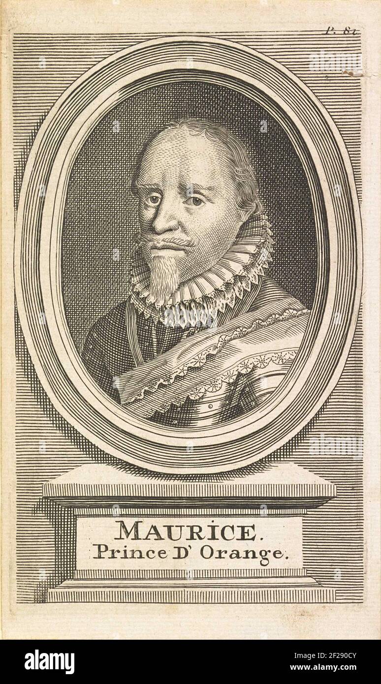 Portret van Maurits, prins van Oranje.Porträt von Maurits in einem Oval. Auf einem Sockel sein Name. Oben rechts 'P. 82 '. Stockfoto