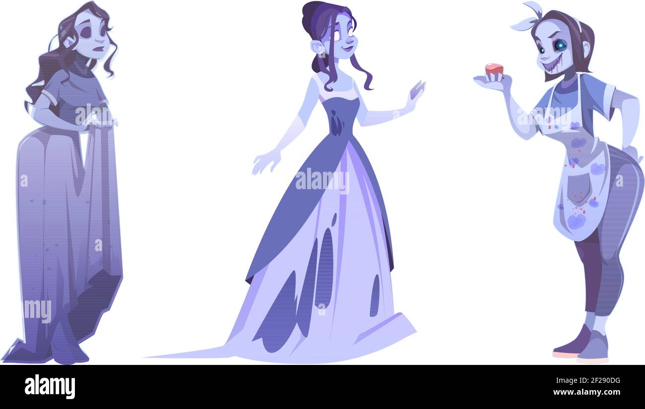 Frau Geister, Geister von toten Damen isoliert auf weißem Hintergrund. Vektor Cartoon Satz von Phantomen Braut, Bäcker und trauriges Mädchen. Halloween gruselige weibliche Charaktere Stock Vektor