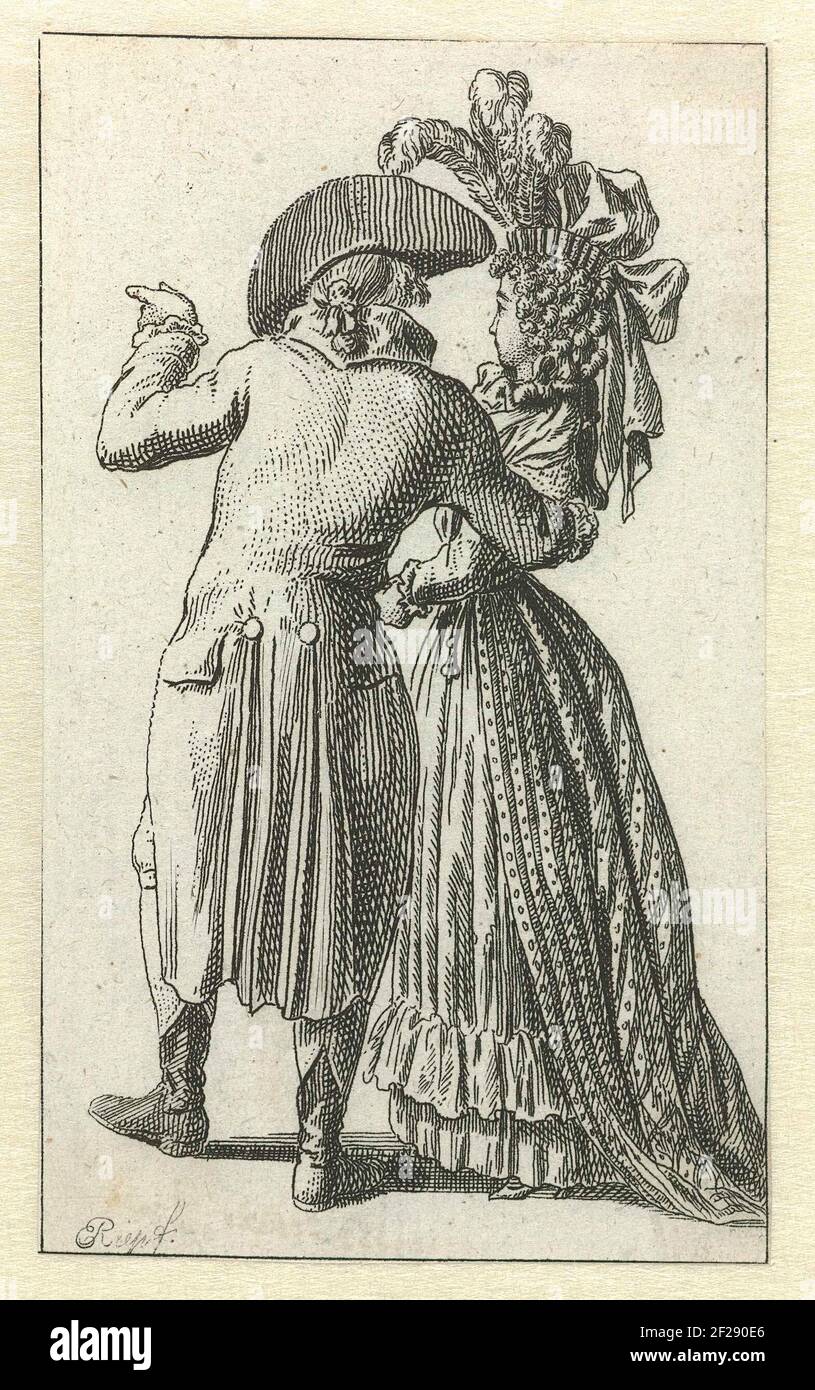 Almanakprentje uit 1789: Staande man en vrouw op de rug gezien.Running Mann und Frau, auf dem Rücken gesehen. Der Mann trägt einen Frak, Kniehosen und Strümpfe. Zubehör: Stitch und Stiefel. Die Frau trägt ein gestreiftes Kleid mit Trail und einen Rock mit einem runzeligen Streifen gekrönt. Zubehör: hut mit großen Federn und abhängigen Slips, chatelaine. Stockfoto